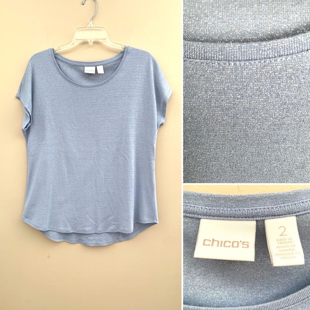 Chico’s light blue/gray with silver metallic thread knit cap sleeve soft tee 2=L